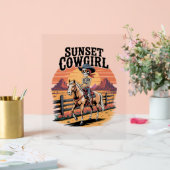 Sunset Cowgirl Skeleton Riding Horse Acryl Bord (Huwelijk)