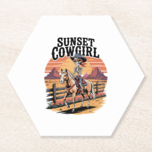 Sunset Cowgirl Skeleton Riding Horse Kartonnen Onderzetters