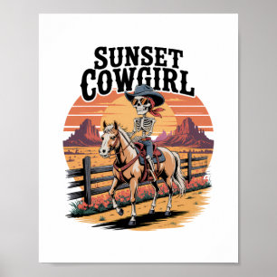 Sunset Cowgirl Skeleton Riding Horse Poster