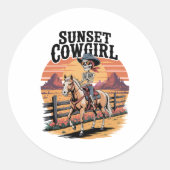 Sunset Cowgirl Skeleton Riding Horse Ronde Sticker (Voorkant)