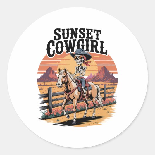 Sunset Cowgirl Skeleton Riding Horse Ronde Sticker (Voorkant)