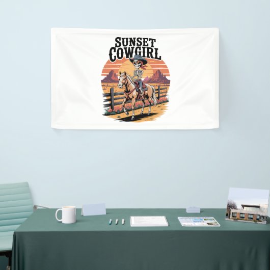 Sunset Cowgirl Skeleton Riding Horse Spandoek (Beurs)
