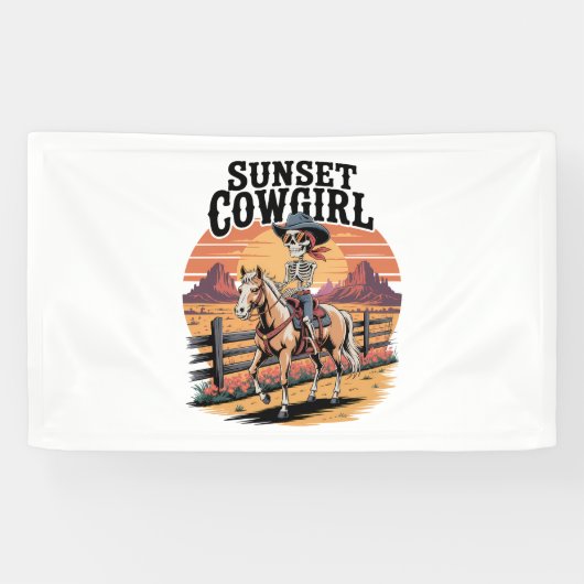 Sunset Cowgirl Skeleton Riding Horse Spandoek (Horizontaal)