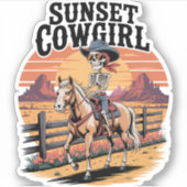 Sunset Cowgirl Skeleton Riding Horse Sticker (Voorkant)