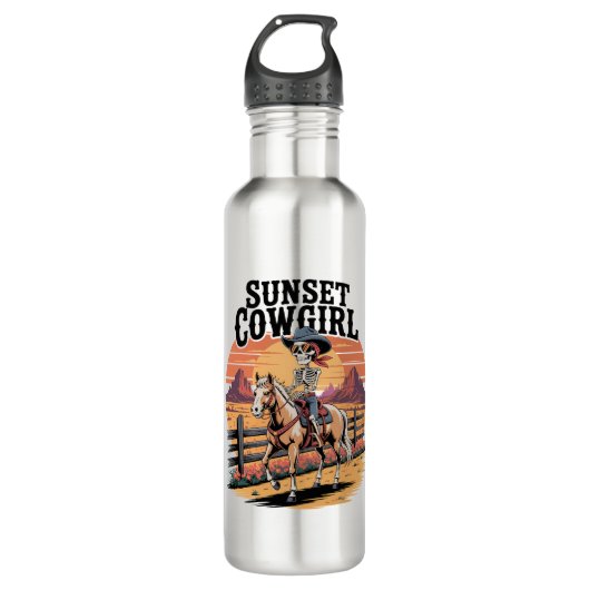 Sunset Cowgirl Skeleton Riding Horse Waterfles (Voorkant)