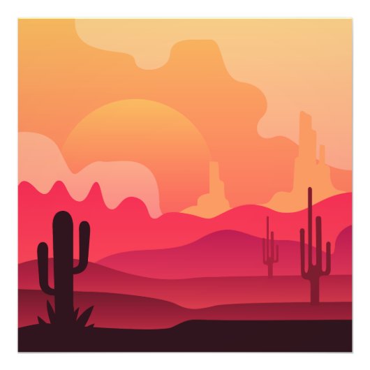 Sunset Desert Cactus Silhouette Art Foto Afdruk (Voorkant)