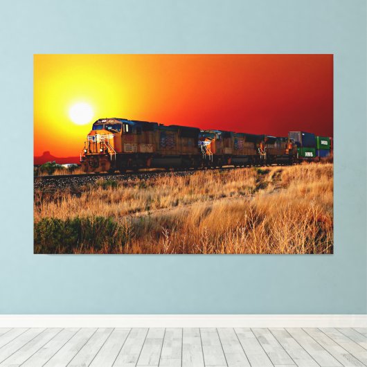 Sunset Diesel Locomotive Train 60 x 40 inch groot Canvas Afdruk (Insitu (Houten vloer))