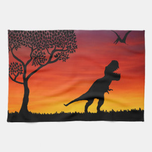 Sunset Dinosaur Scene Kitchen Towel Theedoek