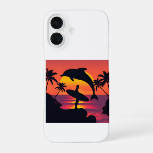 Sunset Dolphin en Surfer Tropical Beach Telefoonau iPhone 16 Hoesje