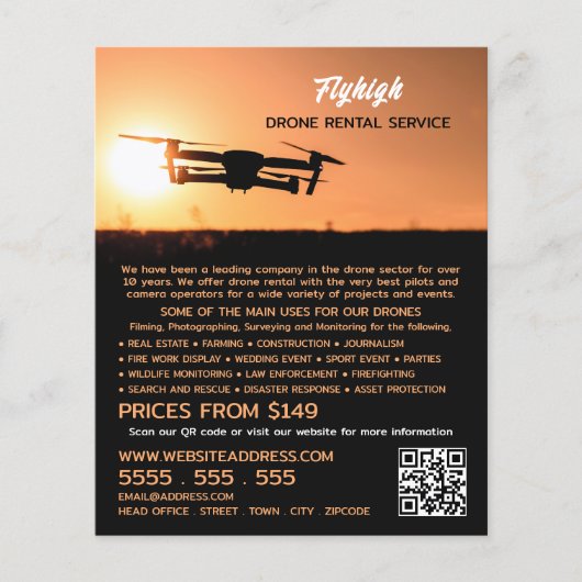 Sunset Drone Silhouette, Drone Rental Company Flyer (Voorkant)