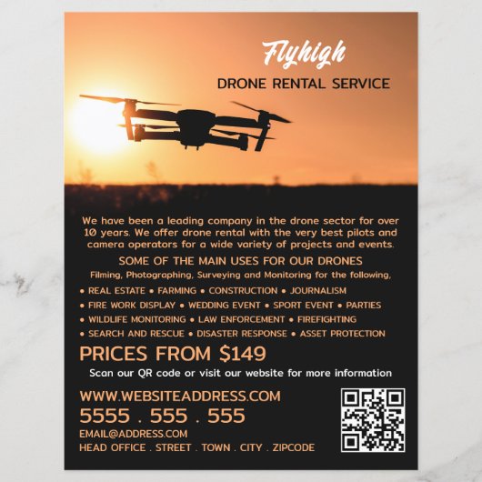 Sunset Drone Silhouette, Drone Rental Company Flyer (Voorkant)