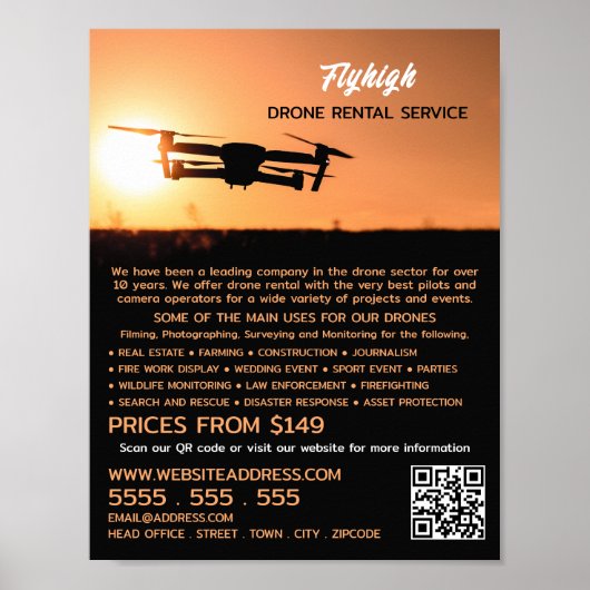 Sunset Drone Silhouette, Drone Rental Company Poster (Voorkant)