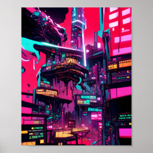Sunset Dystopian City - Neon Ink Illustratie Poster
