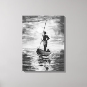 Sunset Fisherman Canvas Zwart wit schilderij Afdruk