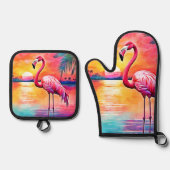 Sunset Flamingo Art Design Ovenwant & Pannenlap Set (Voorkant)