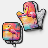 Sunset Flamingo Art Design Ovenwant & Pannenlap Set (Voorkant / Achterkant)