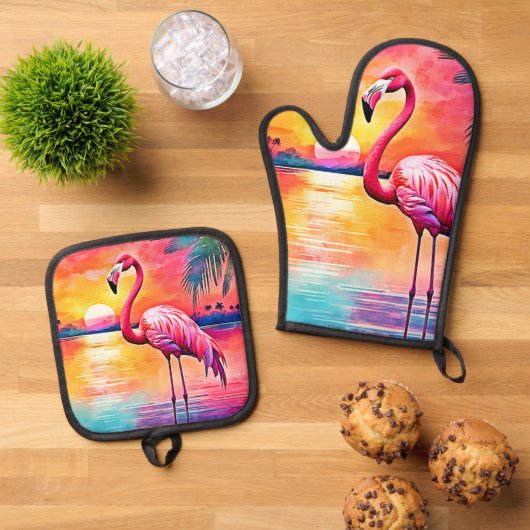 Sunset Flamingo Art Design Ovenwant & Pannenlap Set (Top down)