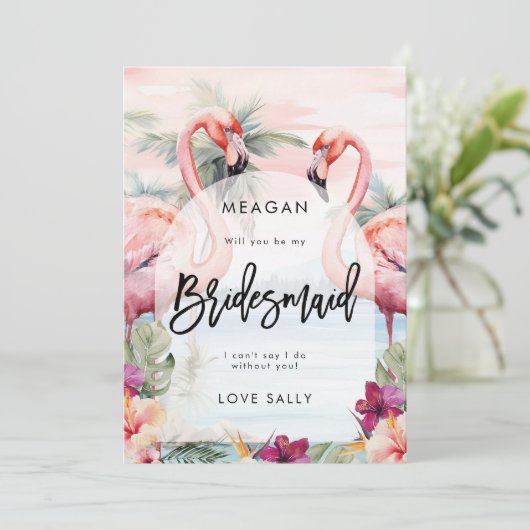 Sunset Flamingo wordt mijn bruidsmeisjeskaart Aankondiging (Staand voorkant)