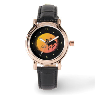 Sunset Flamingo's met persoonlijke naam Horloge