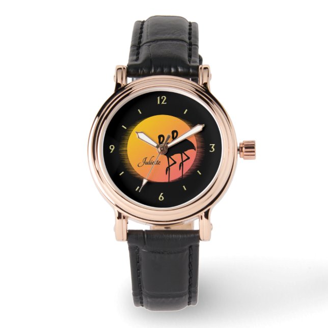 Sunset Flamingo's met persoonlijke naam Horloge (Voorkant)