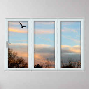 Sunset Flying Bird White 3 Pane Window Lighting Poster