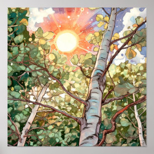 Sunset Forest Waterverf Painting Poster