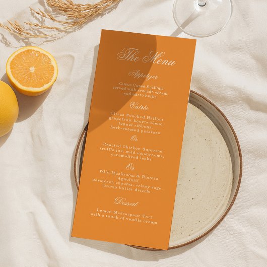 Sunset Glow Orange Script Wedding Menu Card Kaart