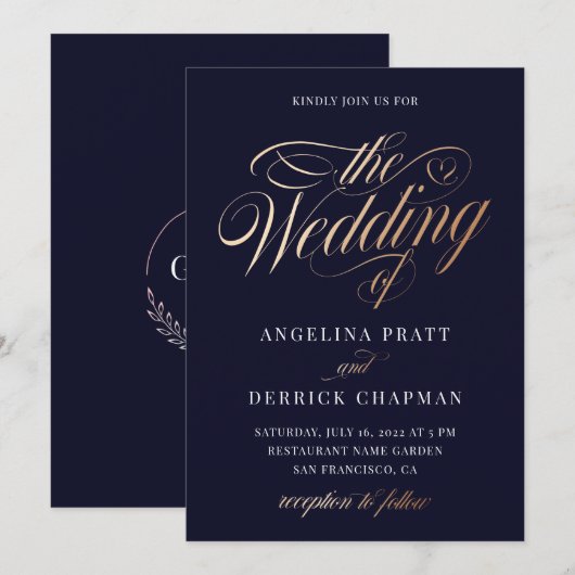 Sunset Gradient Deep Blue Gold Calligraphy Weddens Kaart (Voorkant / Achterkant)