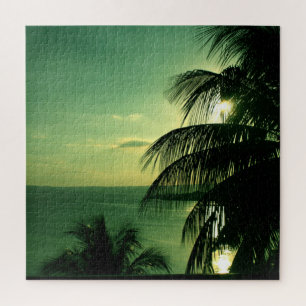 SunSet Green Blue Sky & Zee Silhouetted Palm Tree Legpuzzel