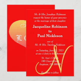 Sunset Heart Red Monogrammed Wedding Invitation Kaart