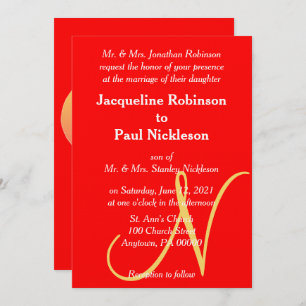 Sunset Heart Red Monogrammed Wedding Invitation Kaart