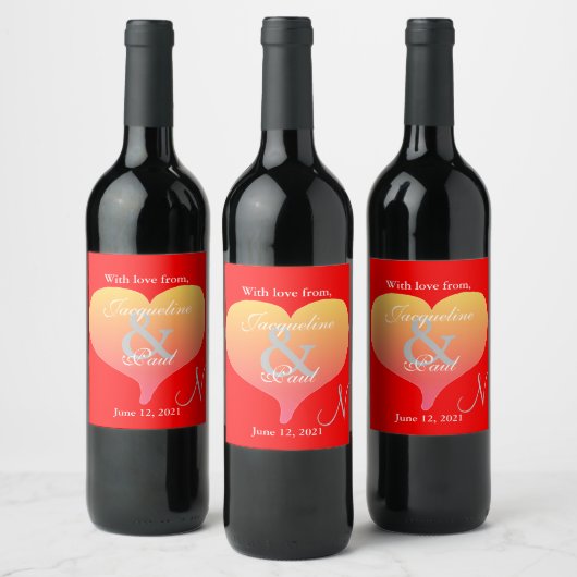 Sunset Heart Red Wedding Monogram Labels Wijn Etiket (Flessen)