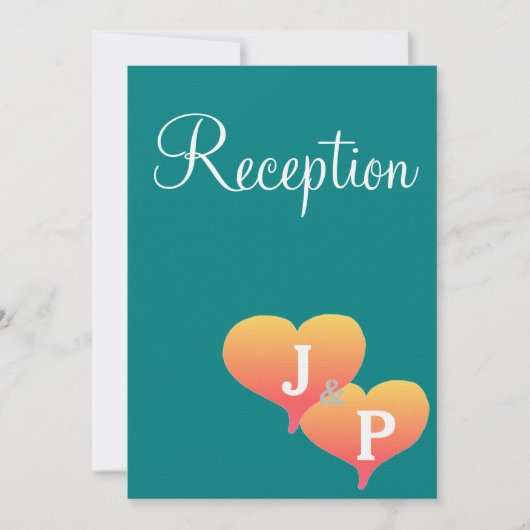 Sunset Hearts Blauwgroen Green Monogram Reception Kaart (Voorkant)