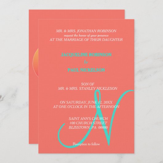 Sunset Hearts Monogram Coral Turquoise Kaart (Voorkant / Achterkant)