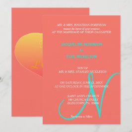Sunset Hearts Monogram Koraal Turquoise Kaart