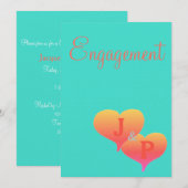 Sunset Hearts Turquoise Coral Monogram Verloving Kaart (Voorkant / Achterkant)