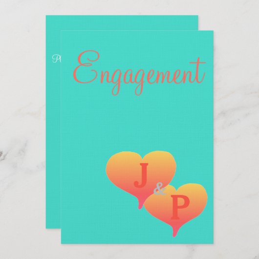 Sunset Hearts Turquoise Coral Monogram Verloving Kaart (Voorkant / Achterkant)