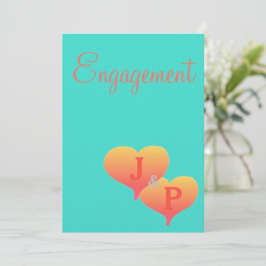 Sunset Hearts Turquoise Coral Monogram Verloving Kaart (Staand voorkant)