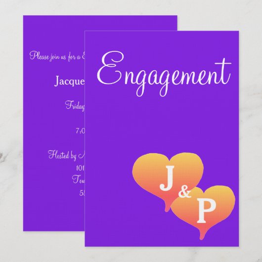 Sunset Hearts Violet Monogram Verloving Kaart (Voorkant / Achterkant)