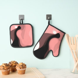 Sunset Horizon: Abstract Roze, Zwart & Wit Ovenwant & Pannenlap Set
