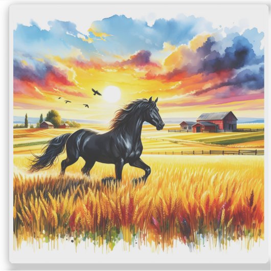 Sunset Horse in een levendige Waterverf Sticker (Voorkant)