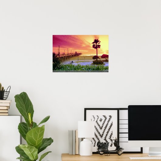 Sunset, Huntington Beach pier, California, VS Poster (Thuiskantoor)
