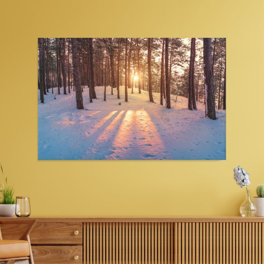 Sunset in sneeuwwinterdenbos canvas afdruk (Insitu (Woonkamer))