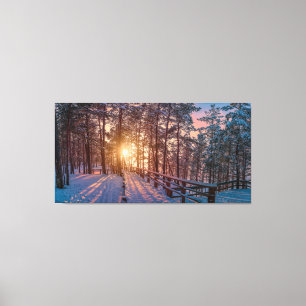 Sunset in snowy-dennenbos met zonnestraal canvas afdruk