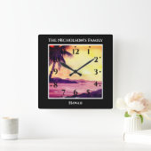 Sunset in Tropics Waterverf Schilting Black Vierkante Klok (Huis)
