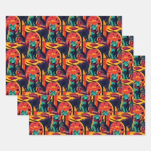 Sunset kattenboeken en wijn inpakpapier vel (Set)