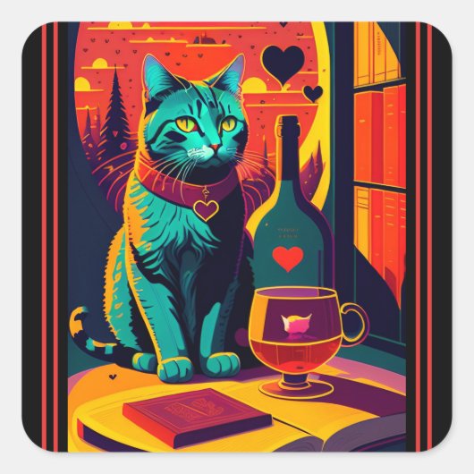 Sunset kattenboeken en wijn vierkante sticker (Voorkant)