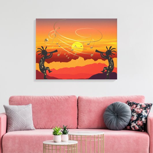 Sunset Kokopelli en Music Canvas Print (Insitu (Woonkamer))