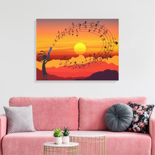 Sunset Kokopelli en Music Canvas Print (Insitu (Woonkamer))