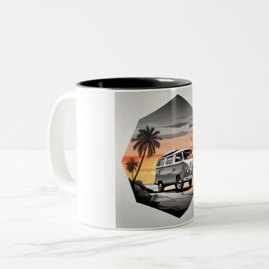 "Sunset Kombi Beach Mug - Coastal Adventure Cup" Tweekleurige Koffiemok (Voorkant links)